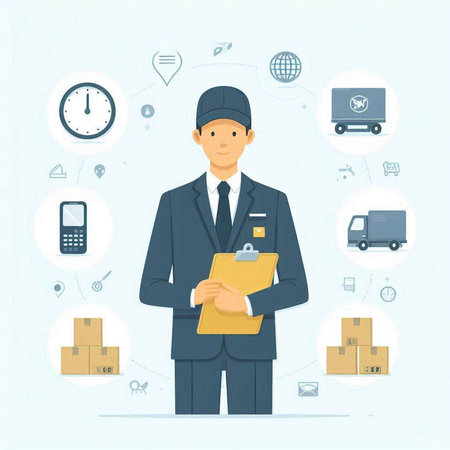 Delivery man in uniform with clipboard and boxes. Vector illustration in flat styleのイラスト素材