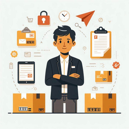 Man standing with arms crossed on chest in warehouse. Flat style vector illustration.のイラスト素材