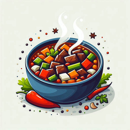 Beef stew with vegetables and spices in a bowl. Vector illustrationのイラスト素材