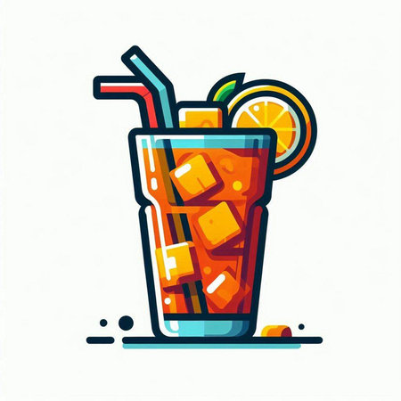 Cocktail with ice, lemon and straw. Vector illustration.のイラスト素材