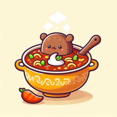 Illustration of a cute bear in a bowl of noodle soupのイラスト素材