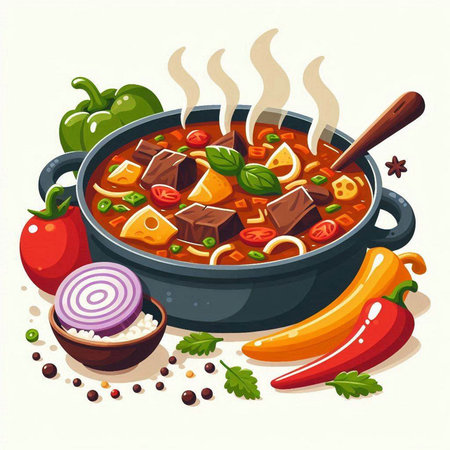 Hungarian goulash soup with vegetables and meat. Vector illustration.のイラスト素材