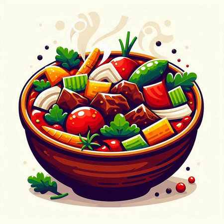 Vector illustration of a bowl of salad with meat, vegetables and greensのイラスト素材