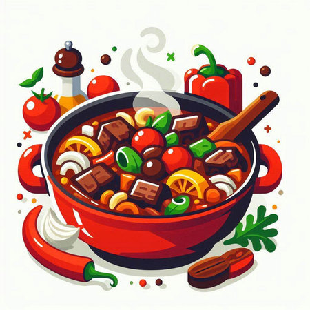 Vegetable stew in a pot. Vegetarian food. Vector illustration.のイラスト素材
