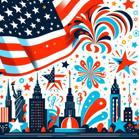 Vector illustration of the United States of America flag, fireworks and buildingsのイラスト素材