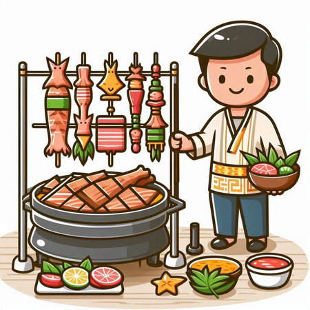 Vector illustration of a man cooking kebab on a barbecue grillのイラスト素材