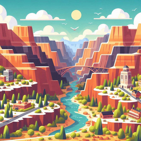 Cartoon city landscape with mountains, river and bridge. Vector illustrationのイラスト素材