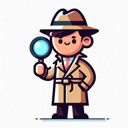 Cartoon detective with magnifying glass. Vector illustration in cartoon style.のイラスト素材