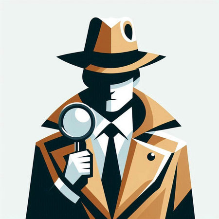 Vector illustration of detective in hat and coat with magnifying glass.のイラスト素材