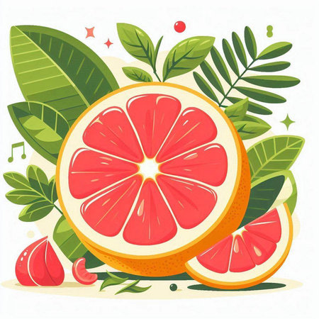 Grapefruit and leaves on a white background. Vector illustration.のイラスト素材
