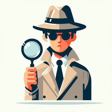 Detective with magnifying glass. Vector illustration in flat style.のイラスト素材