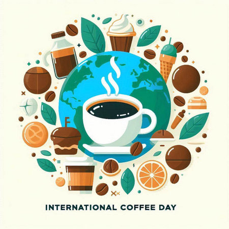International Coffee Day. Vector illustration with coffee cup, world map, coffee beans, ice cream, coffee beans.のイラスト素材
