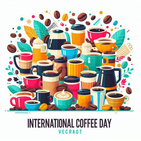 International Coffee Day banner with cups of coffee and beans. Vector illustrationのイラスト素材