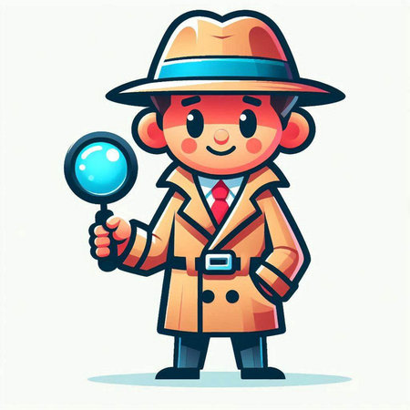 Vector illustration of detective in hat and coat holding magnifying glass.のイラスト素材