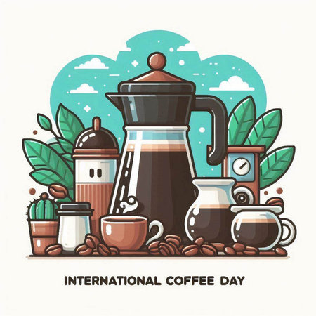 International Coffee Day. Vector illustration with coffee pot, cups, saucers and leaves.のイラスト素材