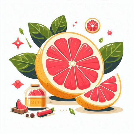Grapefruit vector illustration. Juicy slice of grapefruit with leaves and juice.のイラスト素材