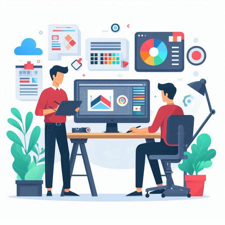 Business people working at office. Teamwork concept. Vector illustration in flat styleのイラスト素材