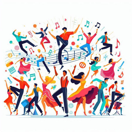 Flat design vector illustration of group of young people dancing and singingのイラスト素材