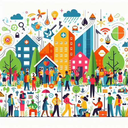 Group of people in the city. Vector illustration in flat style.のイラスト素材