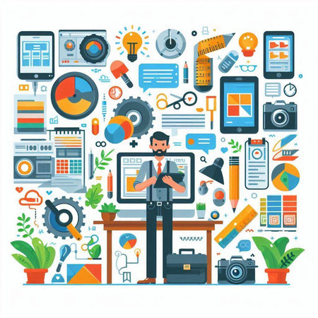 Flat design vector illustration concept for web banners and promotional materials. Businessman with laptop and tablet.のイラスト素材