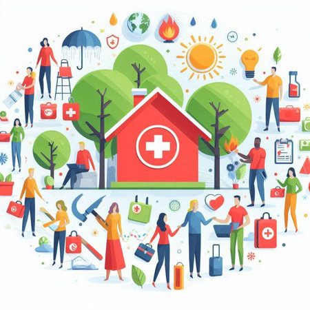 Flat design vector illustration concept of healthcare and medical services. People standing near red house with medical tools and icons.のイラスト素材