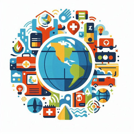 Flat design vector illustration concept of global healthcare and medical services.のイラスト素材