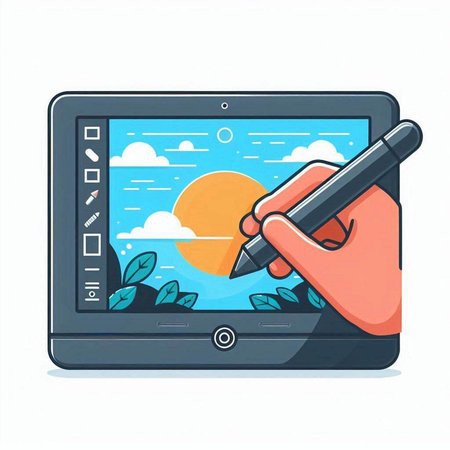 Graphic tablet with hand drawing sun and clouds on screen. Vector illustrationのイラスト素材