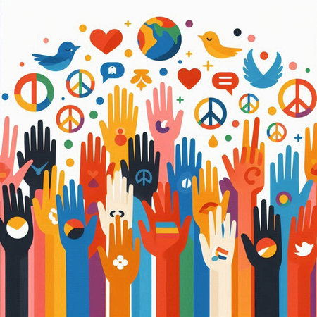 Hands raised up with peace and love symbols. Vector illustration.のイラスト素材