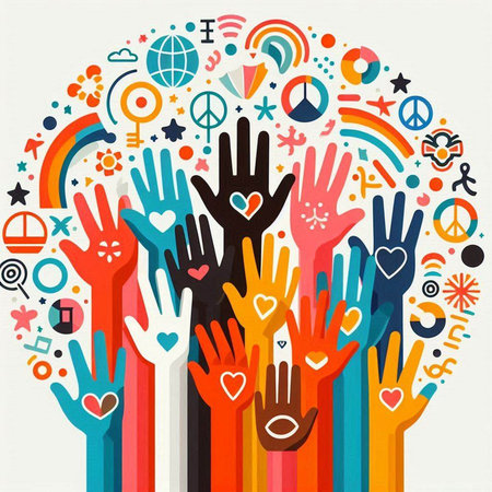 Colorful human hands and symbols. Vector illustration for your design.のイラスト素材