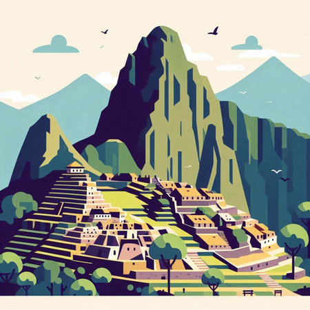 Mountain landscape with a view of the ancient city. Vector illustration.のイラスト素材