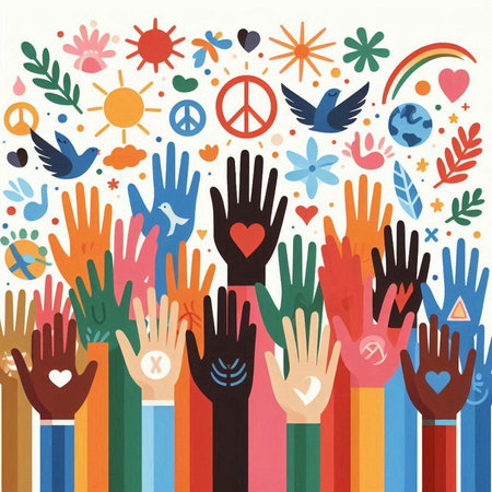 Vector illustration of human hands with different symbols of peace and love.のイラスト素材