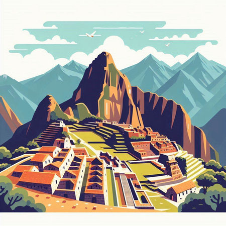 Mountain landscape with houses and mountains. Vector illustration in retro styleのイラスト素材