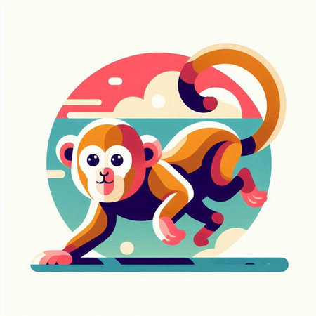 Cute monkey running on the beach. Vector illustration in flat styleのイラスト素材