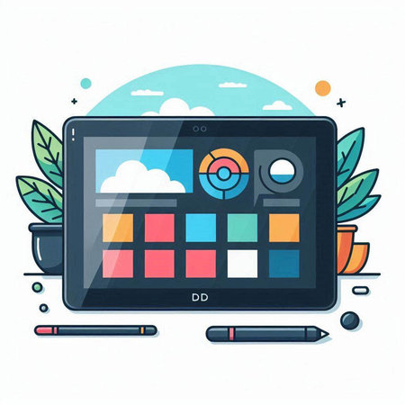 Flat design vector illustration concept of graphic tablet with graphic elements.のイラスト素材
