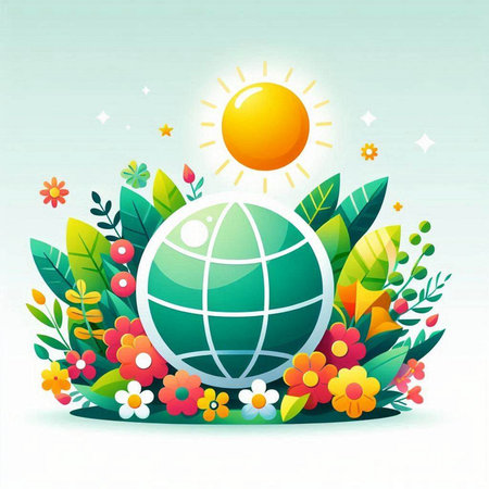 Ecology background with globe, flowers and leaves. Vector illustration.のイラスト素材