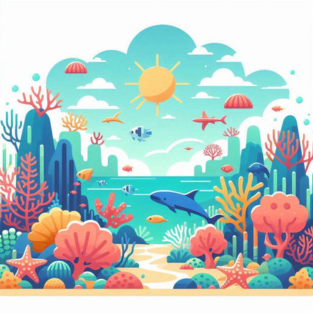 Underwater landscape with fishes, corals and starfish. Vector illustrationのイラスト素材