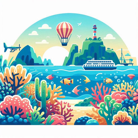 Coral reef landscape with a cruise ship and a lighthouse. Vector illustration.のイラスト素材