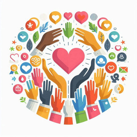 Vector illustration of hands with heart and social media icons in circle shapeのイラスト素材