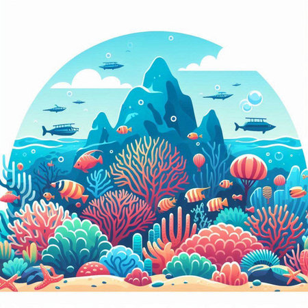 Underwater landscape with coral reef, fish and boat. Vector illustration.のイラスト素材