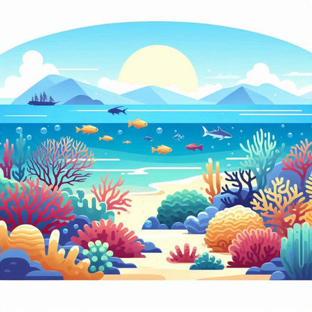 Underwater landscape with corals, fish and mountains. Vector illustration.のイラスト素材
