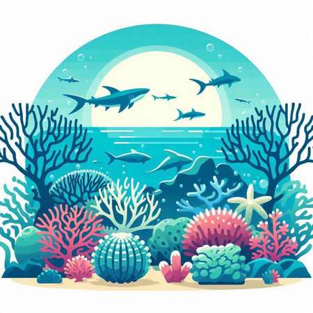 Underwater landscape with corals and sharks. Vector illustration in cartoon style.のイラスト素材