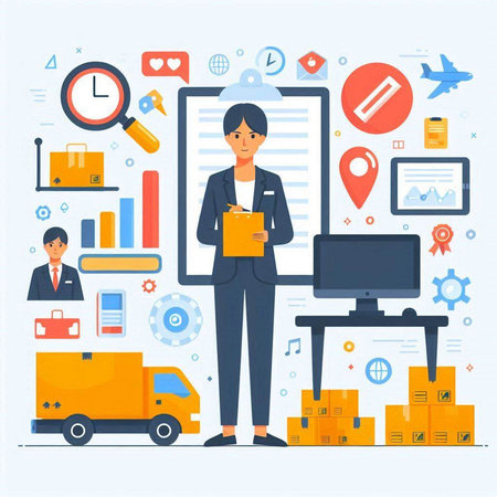 Flat design modern vector illustration concept of online shopping, e-commerce, delivery service, logistics, business, transportation, digital marketing.のイラスト素材