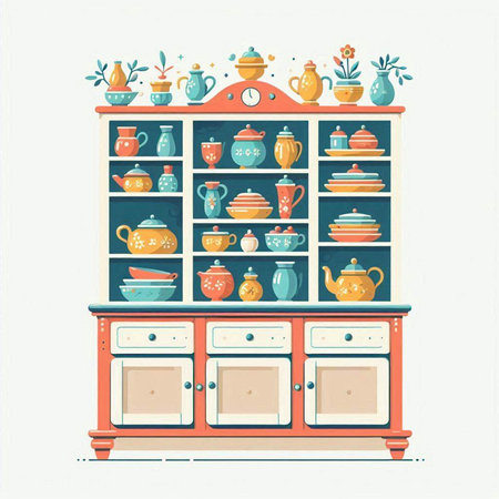 Vintage cupboard with dishes and vases. Vector illustration.のイラスト素材