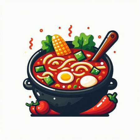 Tomato soup in a pot on a white background. Vector illustration.のイラスト素材