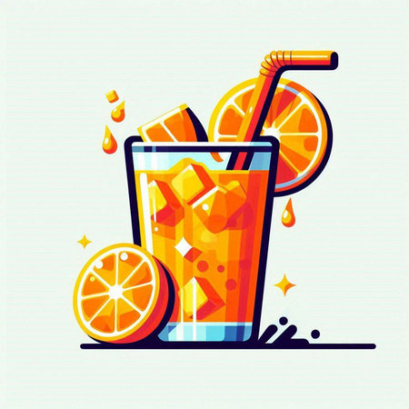 Cocktail with orange, ice and straw. Vector illustration.のイラスト素材
