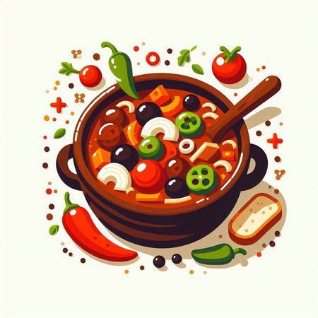 Soup with tomatoes, cucumbers, olives, peppers and cheese. Vector illustrationのイラスト素材