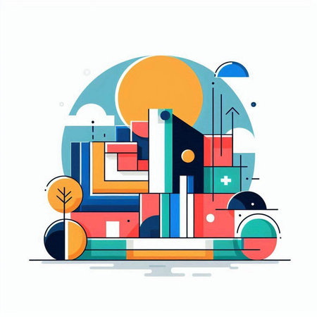 Abstract colorful background with city buildings, skyscrapers and sun. Vector illustrationのイラスト素材