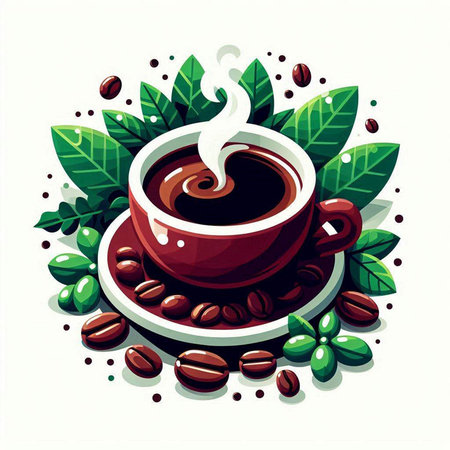 Coffee cup with coffee beans and leaves. Vector illustration.のイラスト素材