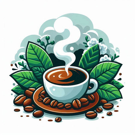 Coffee cup with leaves on white background. Vector illustration.のイラスト素材