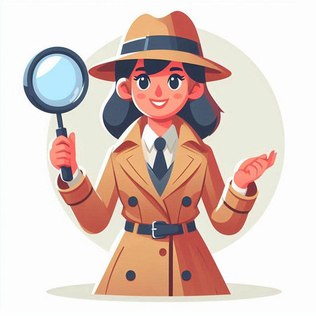 Woman detective in brown coat and hat with magnifying glass. Vector illustrationのイラスト素材